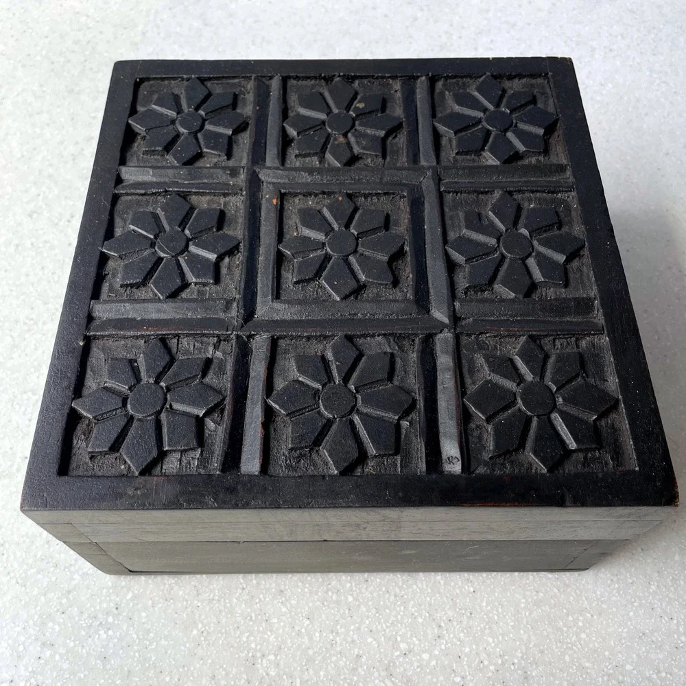 Hand Carved Floral Wood Box Square Decorative Storage Keepsake Chest Black